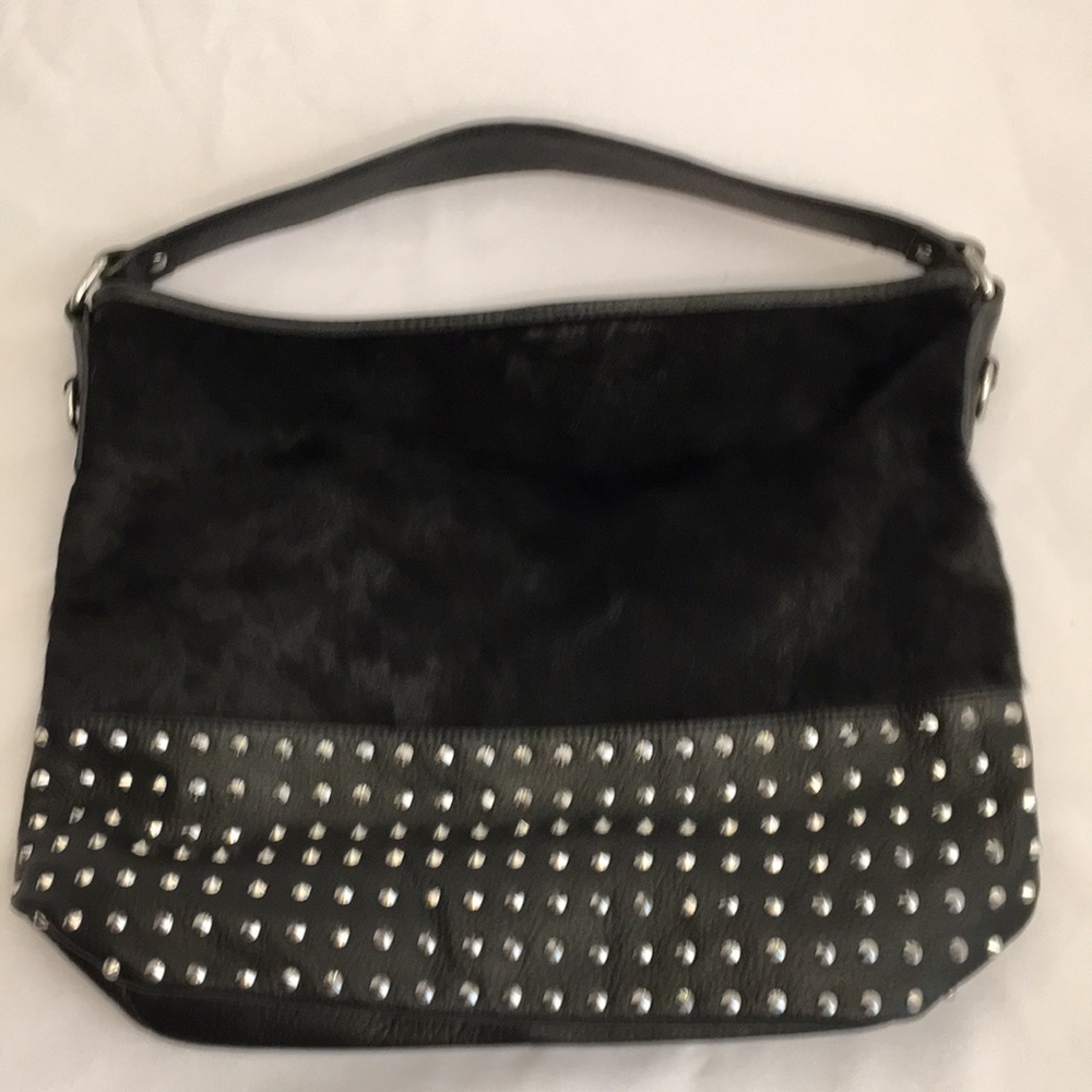 AQUA MADONNA Black Leather Studded Tote Cow Hair Biker
